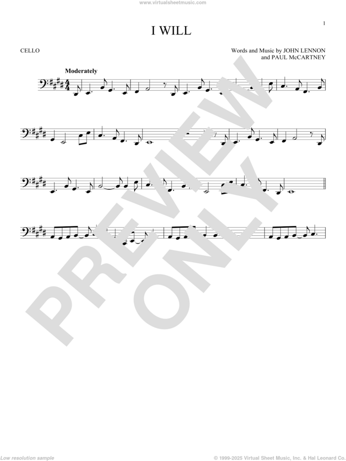 I Will sheet music for cello solo by The Beatles, John Lennon and Paul McCartney, wedding score, intermediate skill level