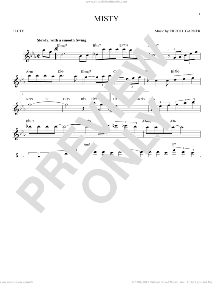 Misty sheet music for flute solo by John Burke, Johnny Mathis and Erroll Garner, intermediate skill level