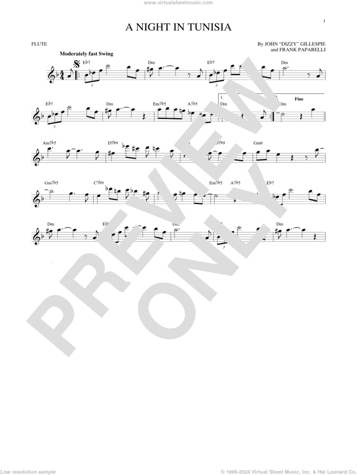 A Night In Tunisia sheet music for flute solo by Dizzy Gillespie and Frank Paparelli, intermediate skill level