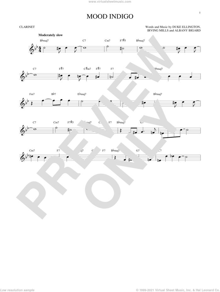 Mood Indigo sheet music for clarinet solo by Duke Ellington, Albany Bigard and Irving Mills, intermediate skill level