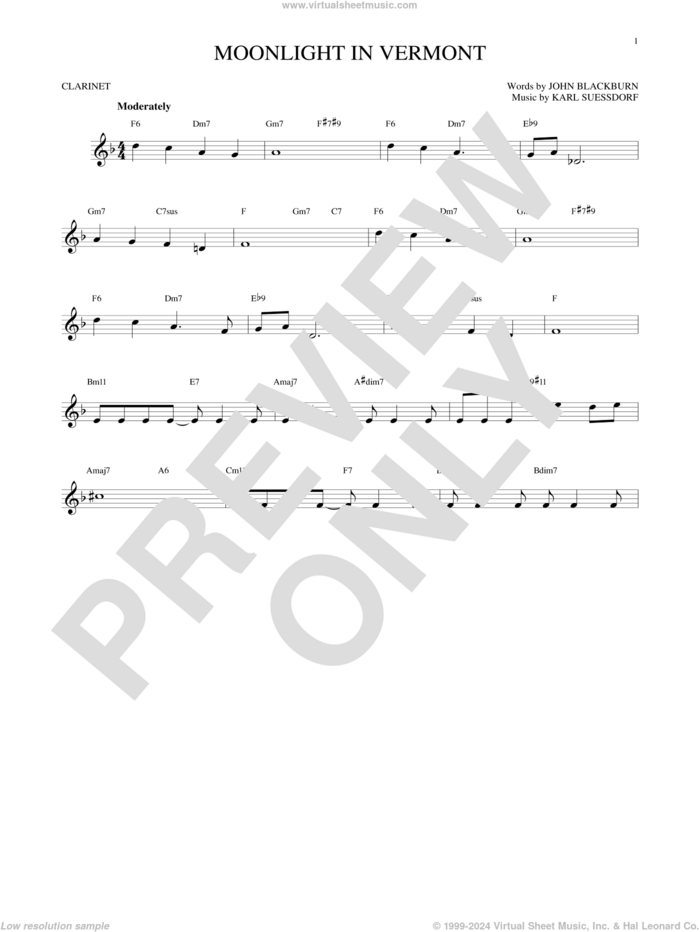 Moonlight In Vermont sheet music for clarinet solo by Karl Suessdorf and John Blackburn, intermediate skill level