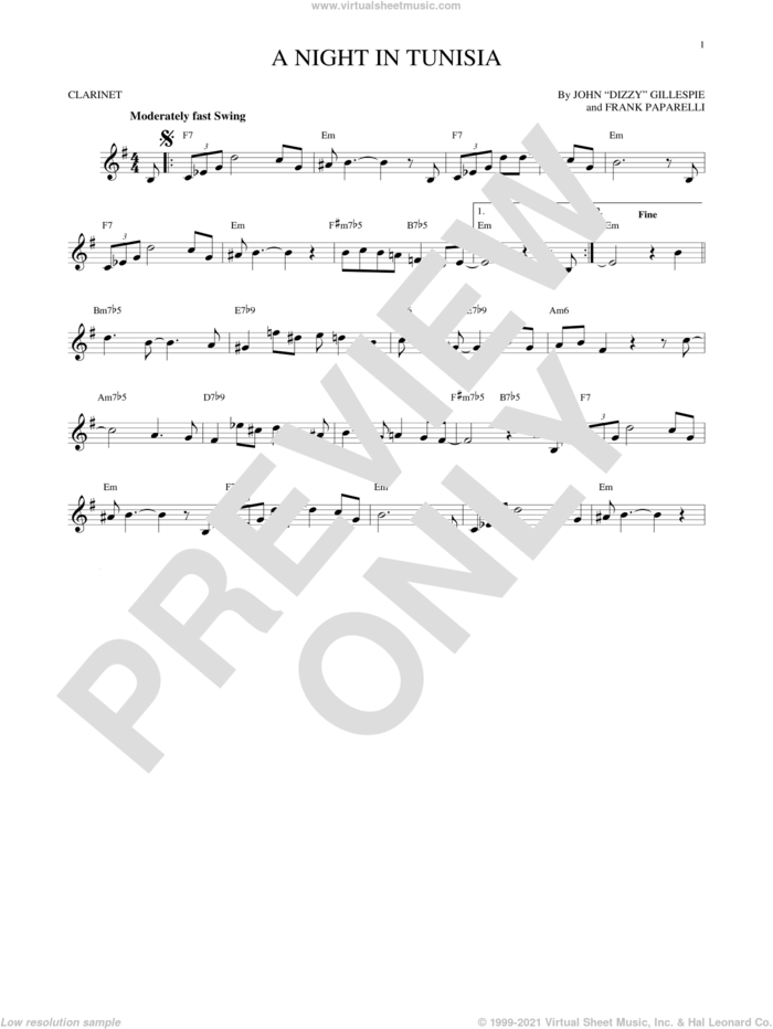 A Night In Tunisia sheet music for clarinet solo by Dizzy Gillespie and Frank Paparelli, intermediate skill level