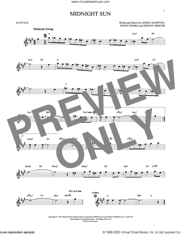 Midnight Sun sheet music for alto saxophone solo by Johnny Mercer, Lionel Hampton and Sonny Burke, intermediate skill level