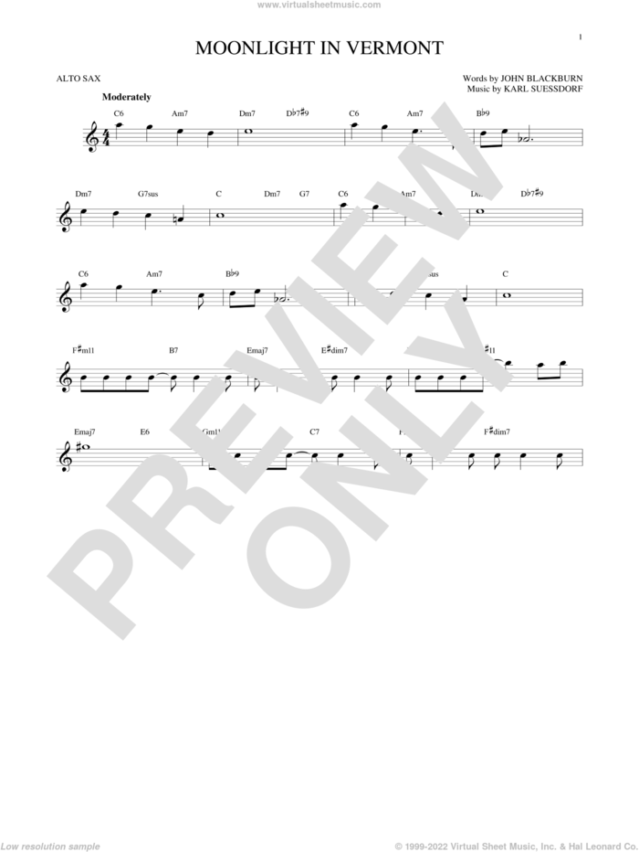 Moonlight In Vermont sheet music for alto saxophone solo by Karl Suessdorf and John Blackburn, intermediate skill level