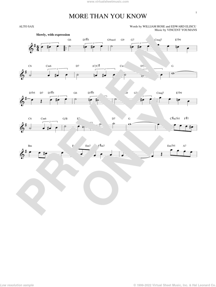 More Than You Know sheet music for alto saxophone solo by Vincent Youmans, Edward Eliscu and William Rose, intermediate skill level