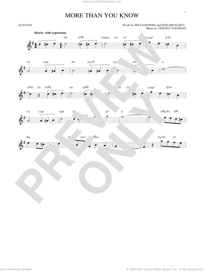 More Than You Know sheet music for alto saxophone solo by Vincent Youmans, Edward Eliscu and William Rose, intermediate skill level