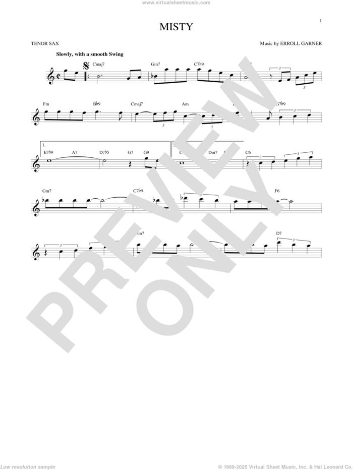 Misty sheet music for tenor saxophone solo by John Burke, Johnny Mathis and Erroll Garner, intermediate skill level