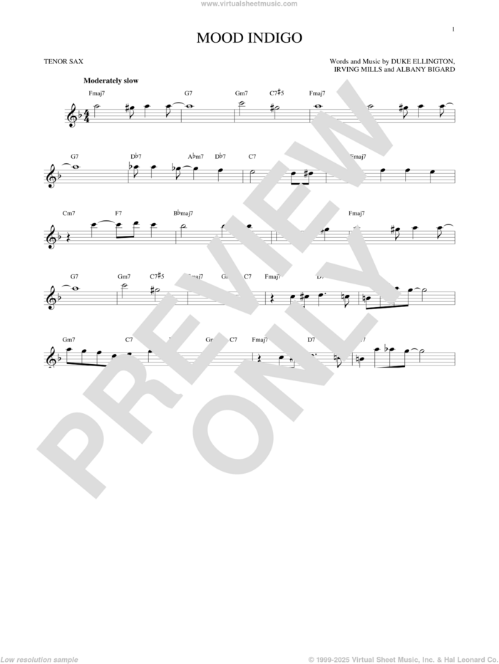 Mood Indigo sheet music for tenor saxophone solo by Duke Ellington, Albany Bigard and Irving Mills, intermediate skill level