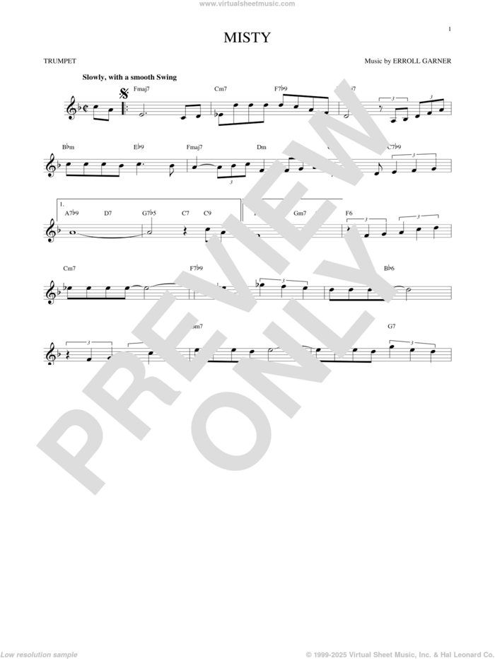 Misty sheet music for trumpet solo by John Burke, Johnny Mathis and Erroll Garner, intermediate skill level