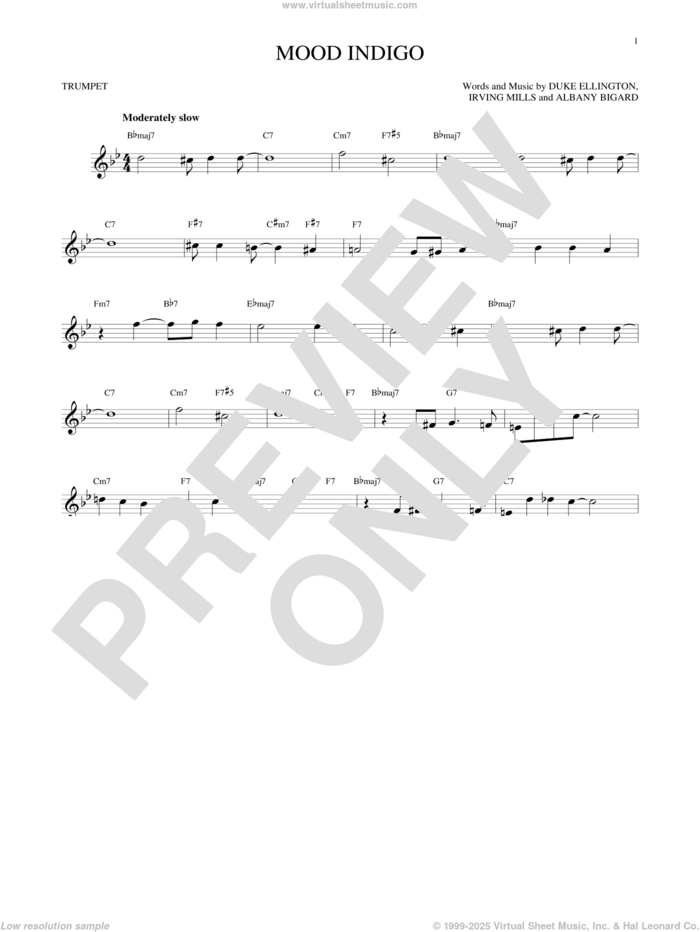 Mood Indigo sheet music for trumpet solo by Duke Ellington, Albany Bigard and Irving Mills, intermediate skill level