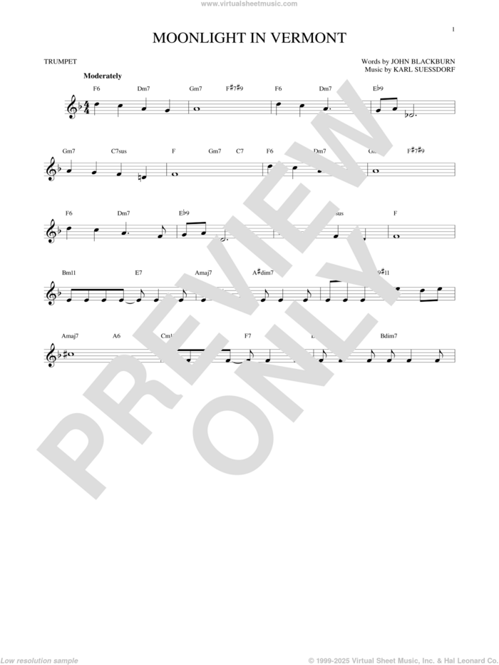 Moonlight In Vermont sheet music for trumpet solo by Karl Suessdorf and John Blackburn, intermediate skill level