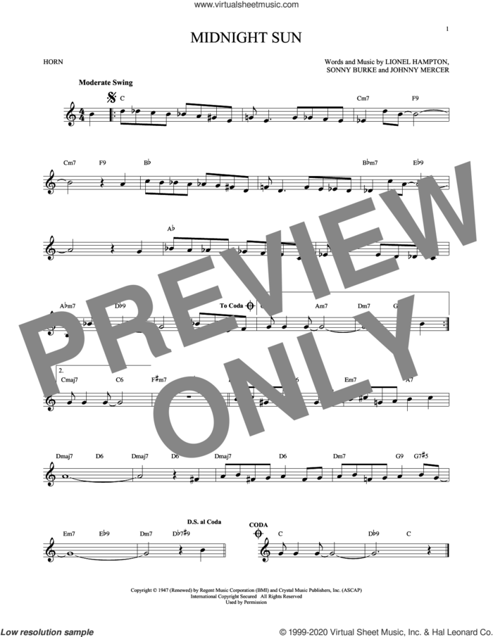 Midnight Sun sheet music for horn solo by Johnny Mercer, Lionel Hampton and Sonny Burke, intermediate skill level