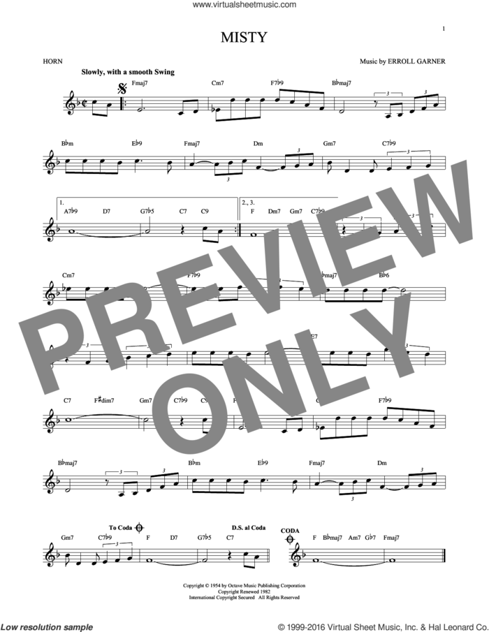Misty sheet music for horn solo by John Burke, Johnny Mathis and Erroll Garner, intermediate skill level