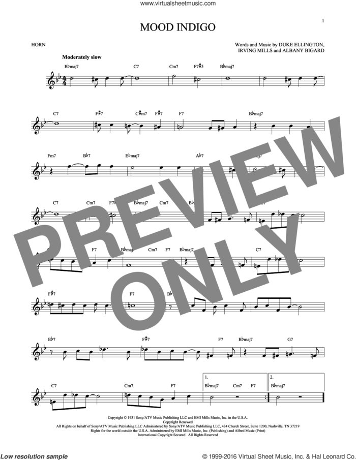 Mood Indigo sheet music for horn solo by Duke Ellington, Albany Bigard and Irving Mills, intermediate skill level