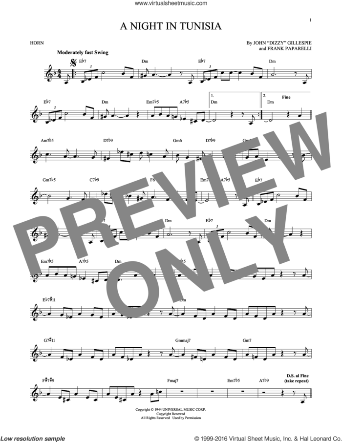 A Night In Tunisia sheet music for horn solo by Dizzy Gillespie and Frank Paparelli, intermediate skill level