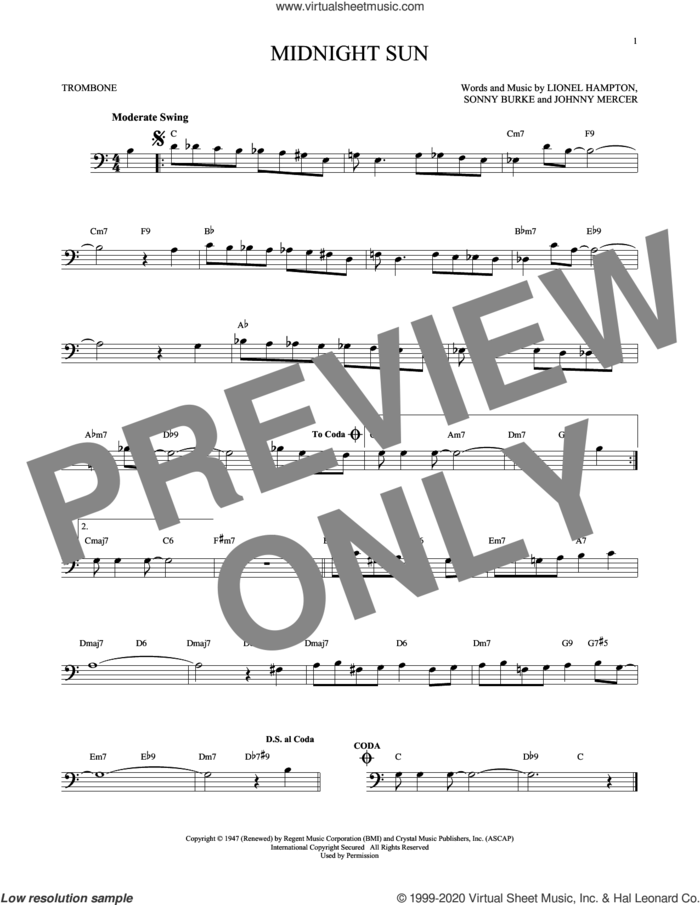 Midnight Sun sheet music for trombone solo by Johnny Mercer, Lionel Hampton and Sonny Burke, intermediate skill level