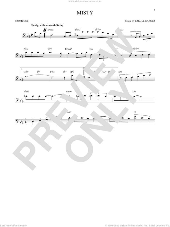 Misty sheet music for trombone solo by John Burke, Johnny Mathis and Erroll Garner, intermediate skill level