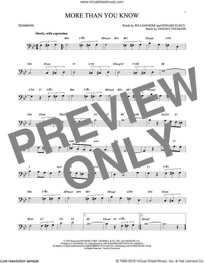 More Than You Know sheet music for trombone solo by Vincent Youmans, Edward Eliscu and William Rose, intermediate skill level