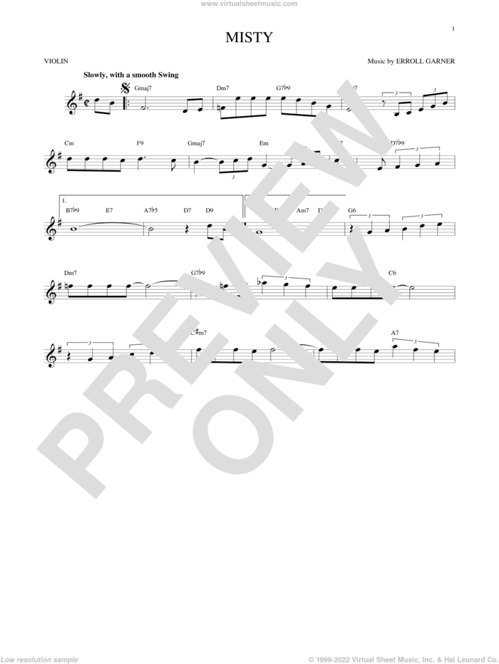 Misty sheet music for violin solo by John Burke, Johnny Mathis and Erroll Garner, intermediate skill level