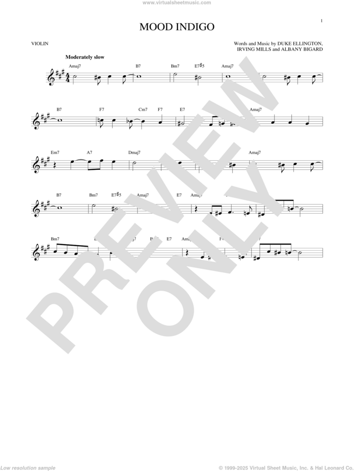 Mood Indigo sheet music for violin solo by Duke Ellington, Albany Bigard and Irving Mills, intermediate skill level