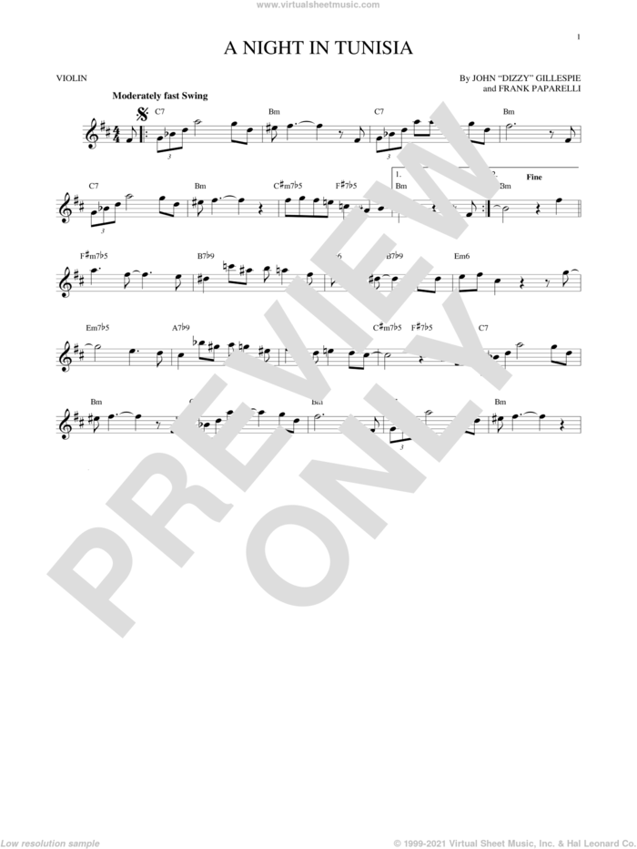 A Night In Tunisia sheet music for violin solo by Dizzy Gillespie and Frank Paparelli, intermediate skill level