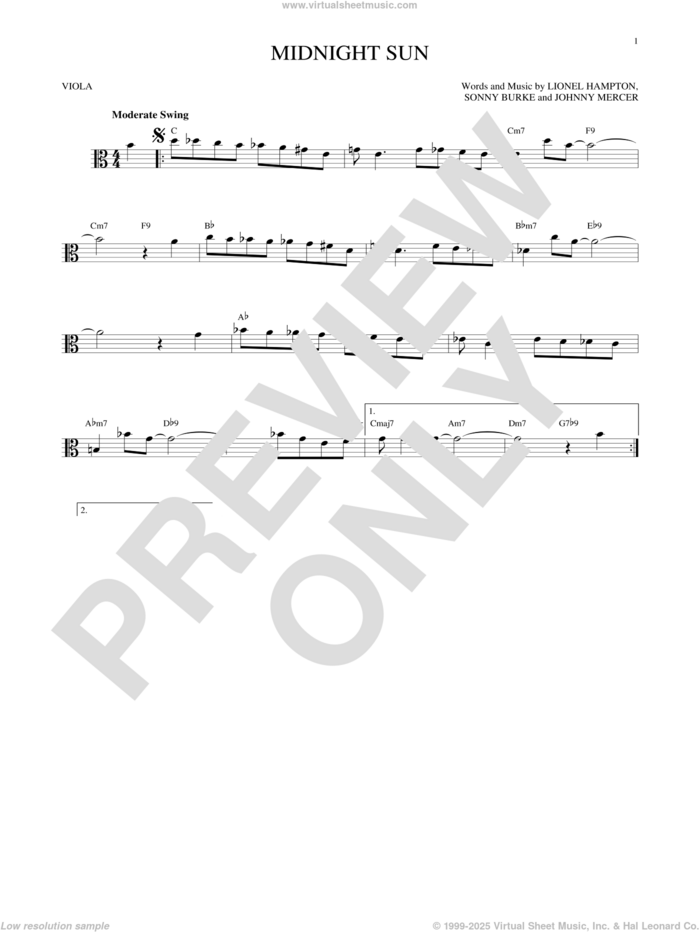 Midnight Sun sheet music for viola solo by Johnny Mercer, Lionel Hampton and Sonny Burke, intermediate skill level