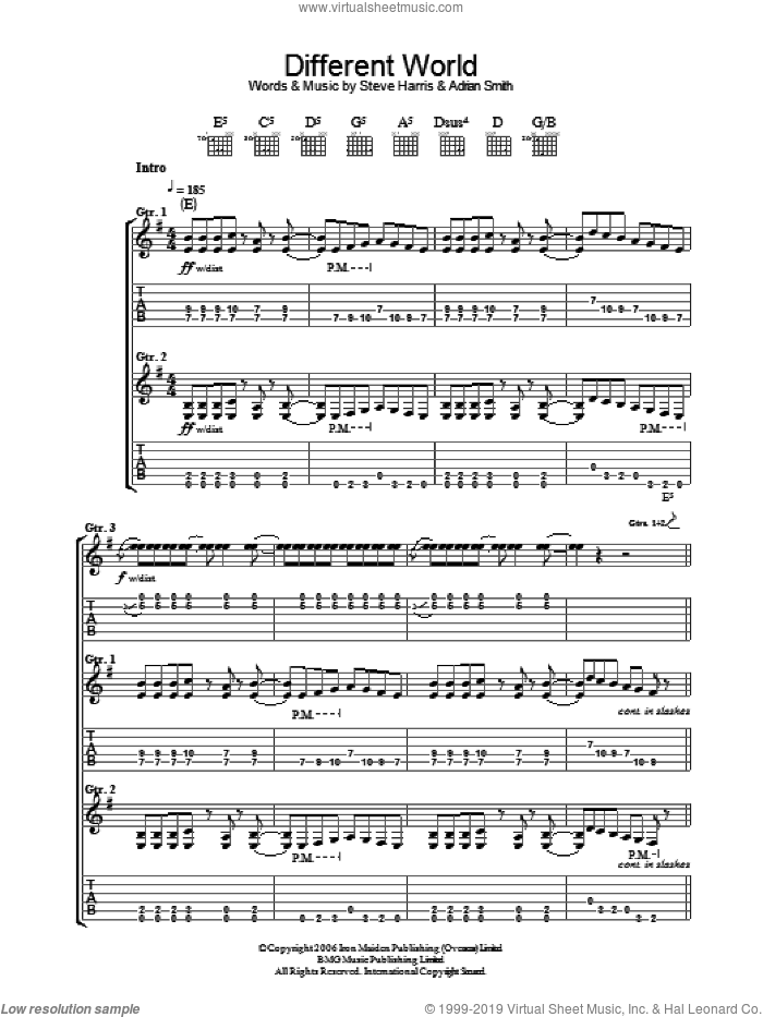 Different World sheet music for guitar (tablature) by Iron Maiden, Adrian Smith and Steve Harris, intermediate skill level