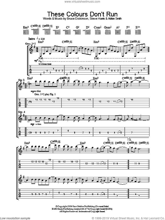 These Colours Don't Run sheet music for guitar (tablature) by Iron Maiden, Adrian Smith, Bruce Dickinson and Steve Harris, intermediate skill level