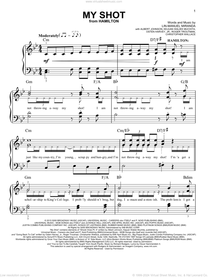 My Shot (from Hamilton), (easy) sheet music for piano solo by Lin-Manuel Miranda, Albert Johnson, Christopher Wallace, Kejuan Waliek Muchita, Osten Harvey, Jr. and Roger Troutman, easy skill level