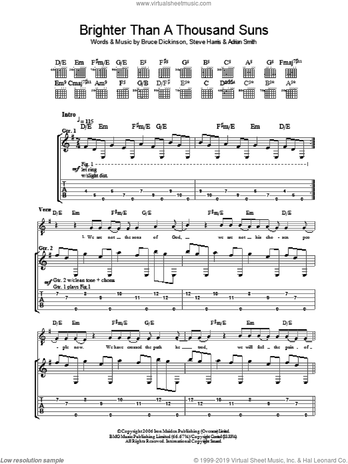 Brighter Than A Thousand Suns sheet music for guitar (tablature) by Iron Maiden, Adrian Smith, Bruce Dickinson and Steve Harris, intermediate skill level
