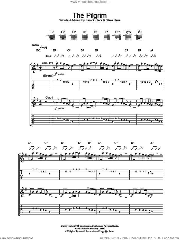 The Pilgrim sheet music for guitar (tablature) by Iron Maiden, Janick Gers and Steve Harris, intermediate skill level