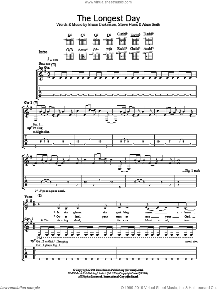 The Longest Day sheet music for guitar (tablature) by Iron Maiden, Adrian Smith, Bruce Dickinson and Steve Harris, intermediate skill level
