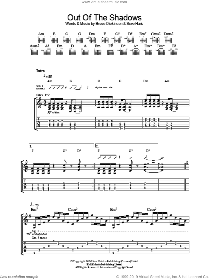 Out Of The Shadows sheet music for guitar (tablature) by Iron Maiden, Bruce Dickinson and Steve Harris, intermediate skill level