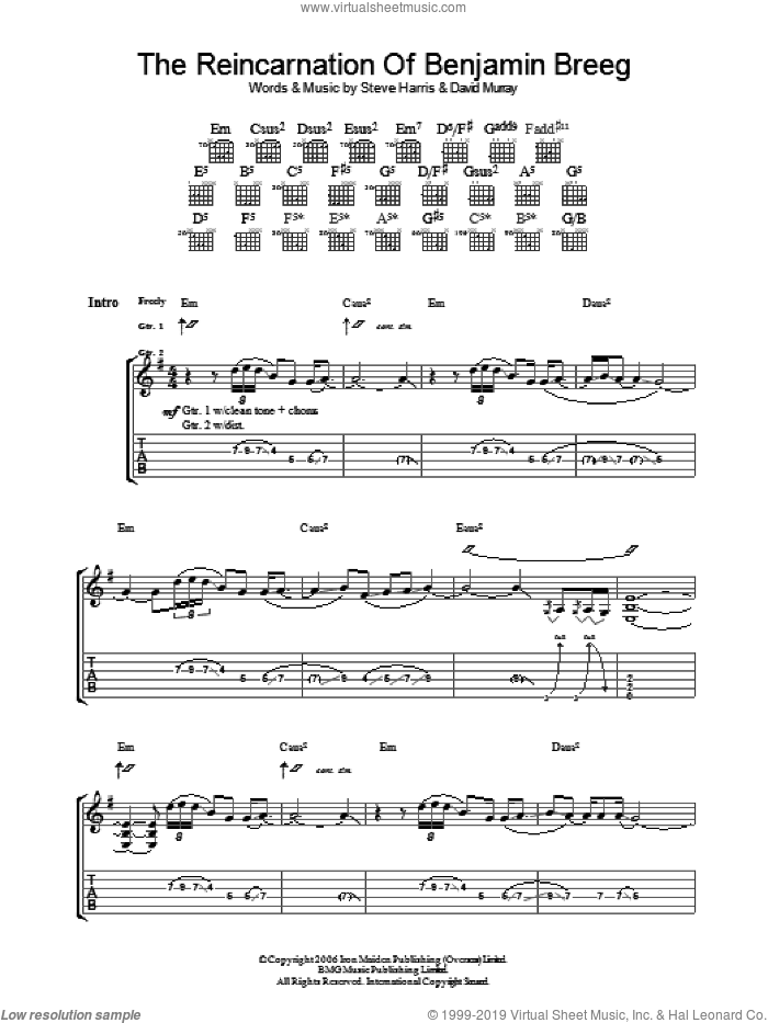 The Reincarnation Of Benjamin Breeg sheet music for guitar (tablature) by Iron Maiden, David Murray and Steve Harris, intermediate skill level
