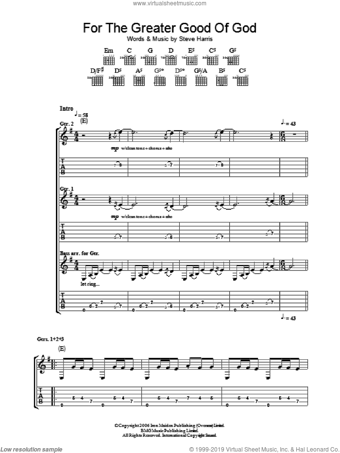 For The Greater Good Of God sheet music for guitar (tablature) by Iron Maiden and Steve Harris, intermediate skill level