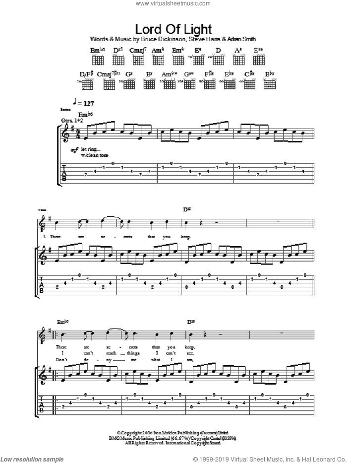 Lord Of Light sheet music for guitar (tablature) by Iron Maiden, Adrian Smith, Bruce Dickinson and Steve Harris, intermediate skill level