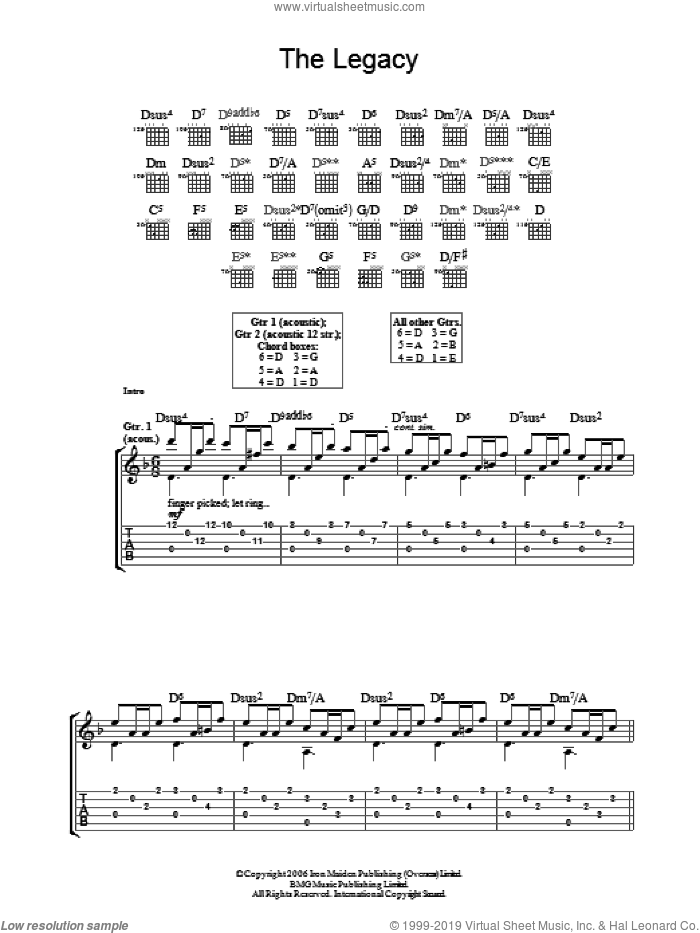 The Legacy sheet music for guitar (tablature) by Iron Maiden, Janick Gers and Steve Harris, intermediate skill level