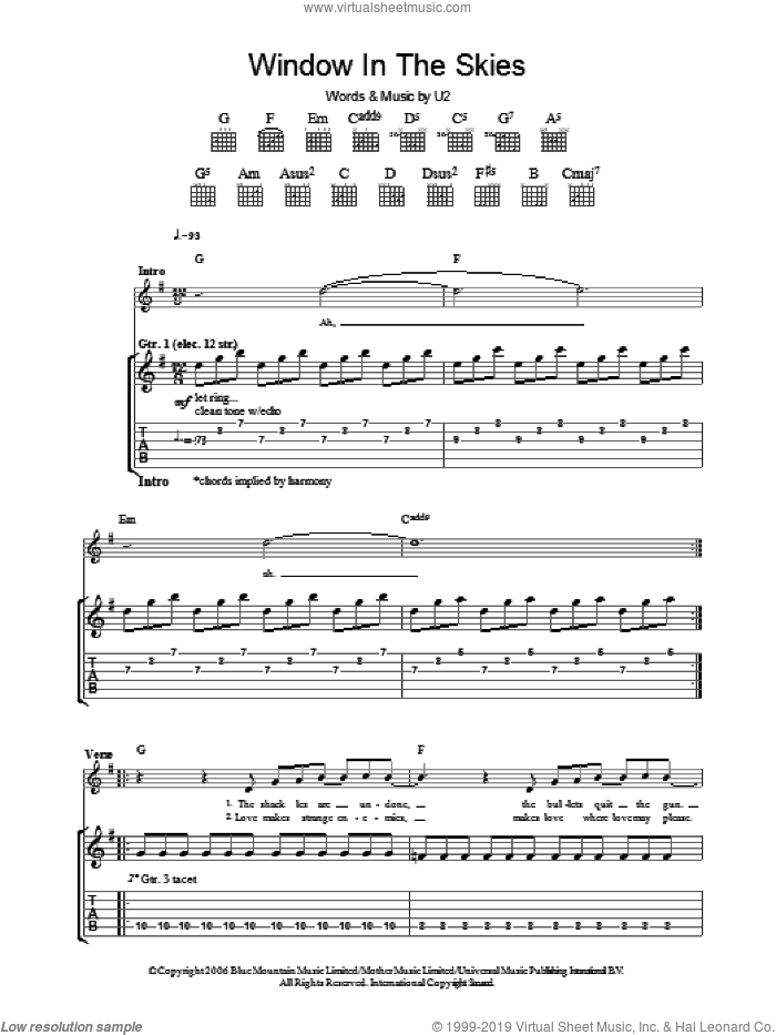 Window In The Skies sheet music for guitar (tablature) by U2, intermediate skill level