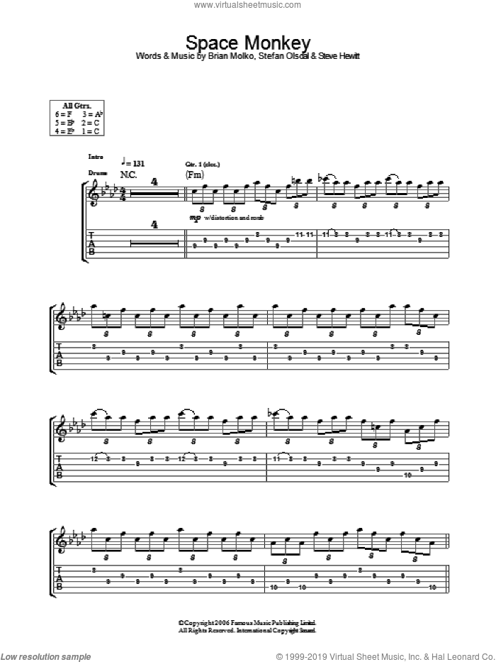 Space Monkey sheet music for guitar (tablature) by Placebo, Brian Molko, Stefan Olsdal and Steve Hewitt, intermediate skill level