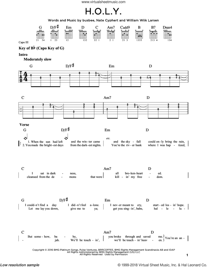 H.O.L.Y. sheet music for guitar solo (lead sheet) by Florida Georgia Line, busbee, Nate Cyphert and William Wiik Larsen, intermediate guitar (lead sheet)