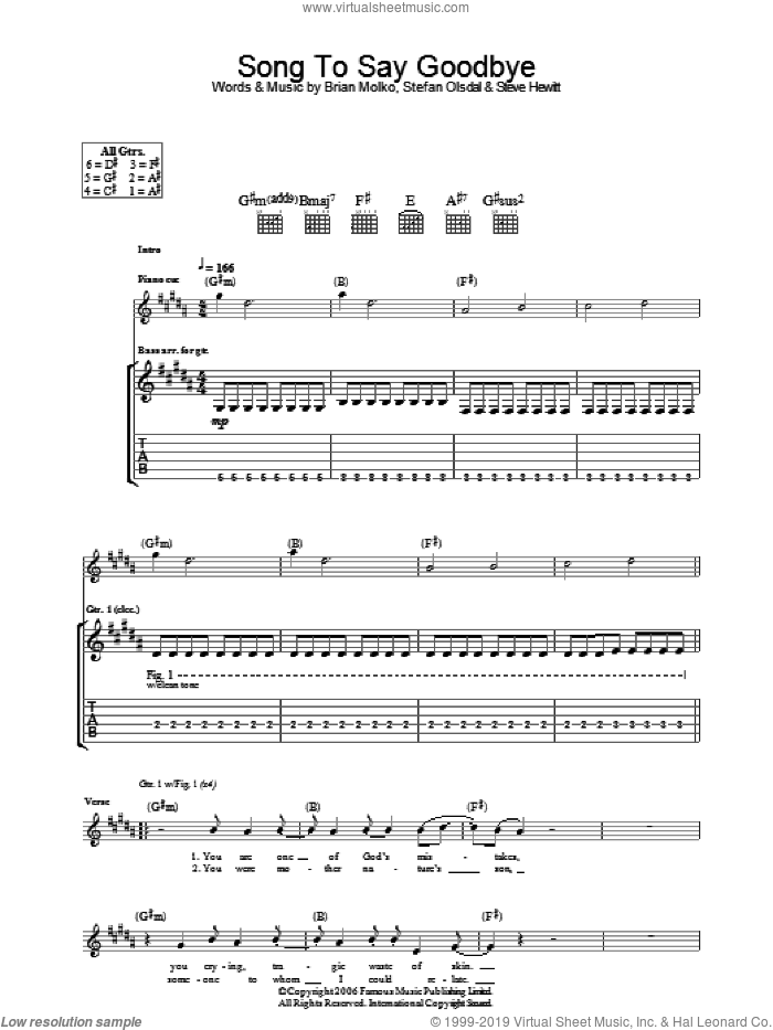 Song To Say Goodbye sheet music for guitar (tablature) by Placebo, Brian Molko, Stefan Olsdal and Steve Hewitt, intermediate skill level