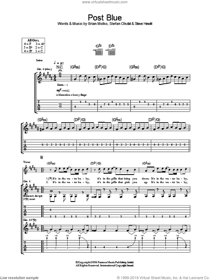 Post Blue sheet music for guitar (tablature) by Placebo, Brian Molko, Stefan Olsdal and Steve Hewitt, intermediate skill level