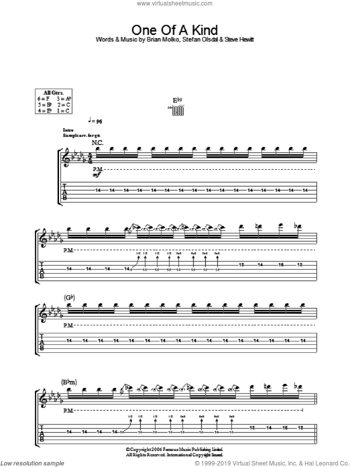 One Of A Kind sheet music for guitar (tablature) by Placebo, Brian Molko, Stefan Olsdal and Steve Hewitt, intermediate skill level