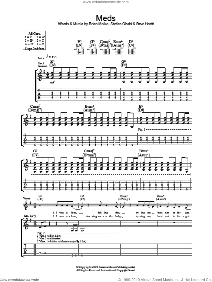 Meds sheet music for guitar (tablature) by Placebo, Brian Molko, Stefan Olsdal and Steve Hewitt, intermediate skill level