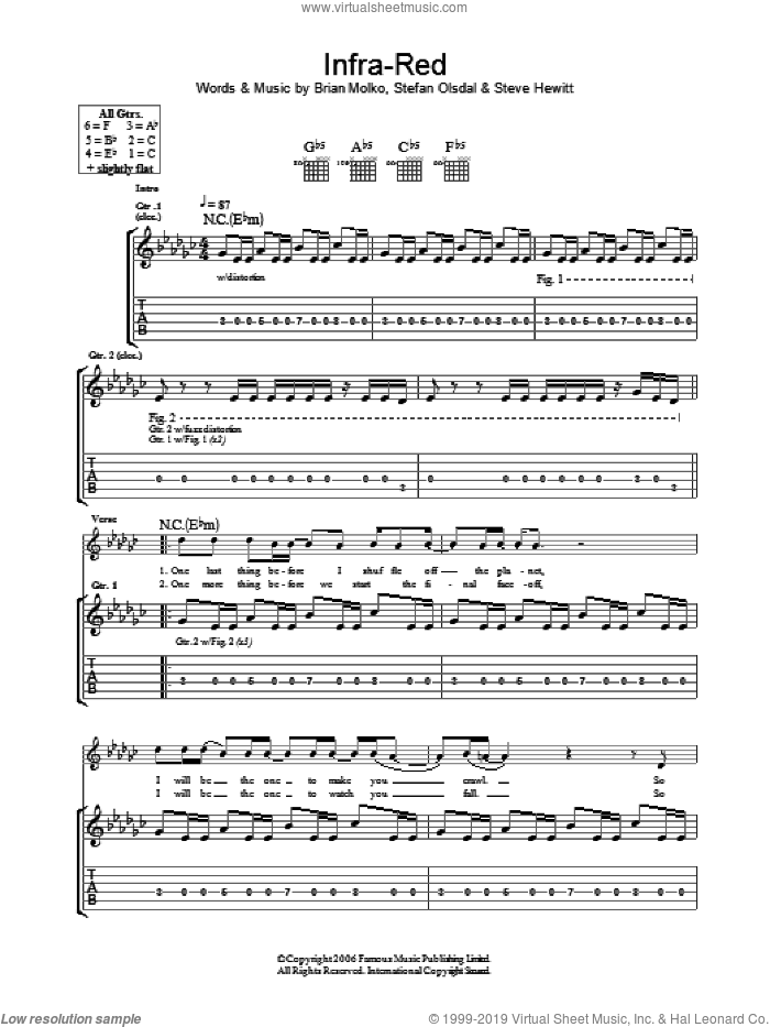 Infra-Red sheet music for guitar (tablature) by Placebo, Brian Molko, Stefan Olsdal and Steve Hewitt, intermediate skill level