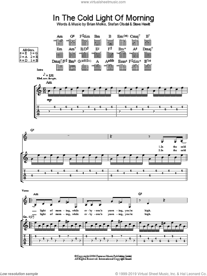 In The Cold Light Of Morning sheet music for guitar (tablature) by Placebo, Brian Molko, Stefan Olsdal and Steve Hewitt, intermediate skill level