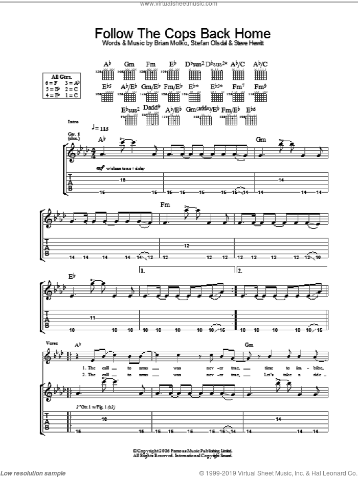 Follow The Cops Back Home sheet music for guitar (tablature) by Placebo, Brian Molko, Stefan Olsdal and Steve Hewitt, intermediate skill level
