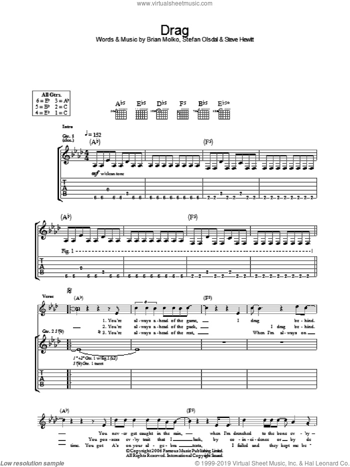 Drag sheet music for guitar (tablature) by Placebo, Brian Molko, Stefan Olsdal and Steve Hewitt, intermediate skill level