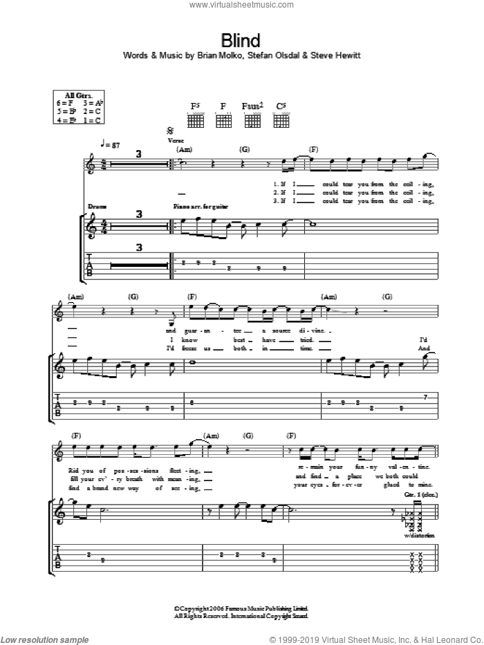 Blind sheet music for guitar (tablature) by Placebo, Brian Molko, Stefan Olsdal and Steve Hewitt, intermediate skill level