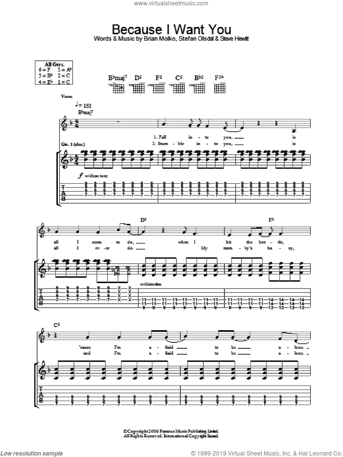 Because I Want You sheet music for guitar (tablature) by Placebo, Brian Molko, Stefan Olsdal and Steve Hewitt, intermediate skill level